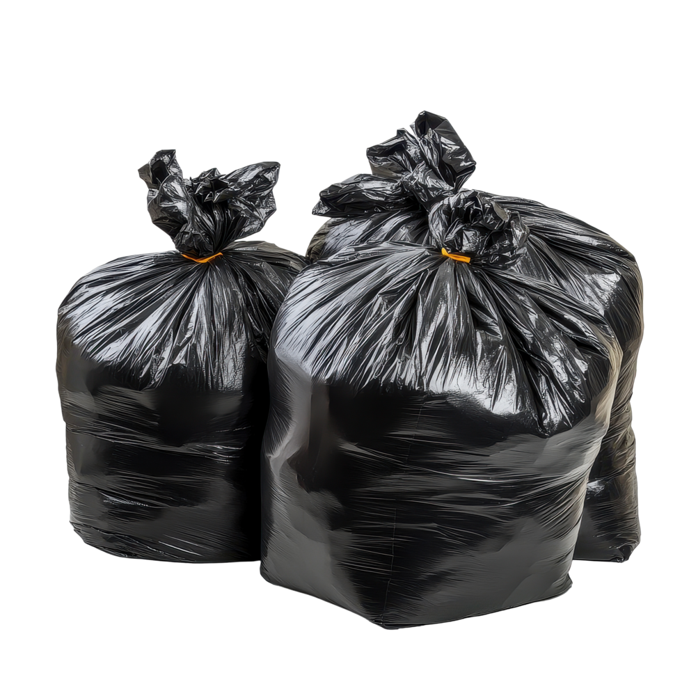 Pile of black garbage bags stacked on a clean Transparent background ready for disposal and waste management, pile garbage bags on a background png