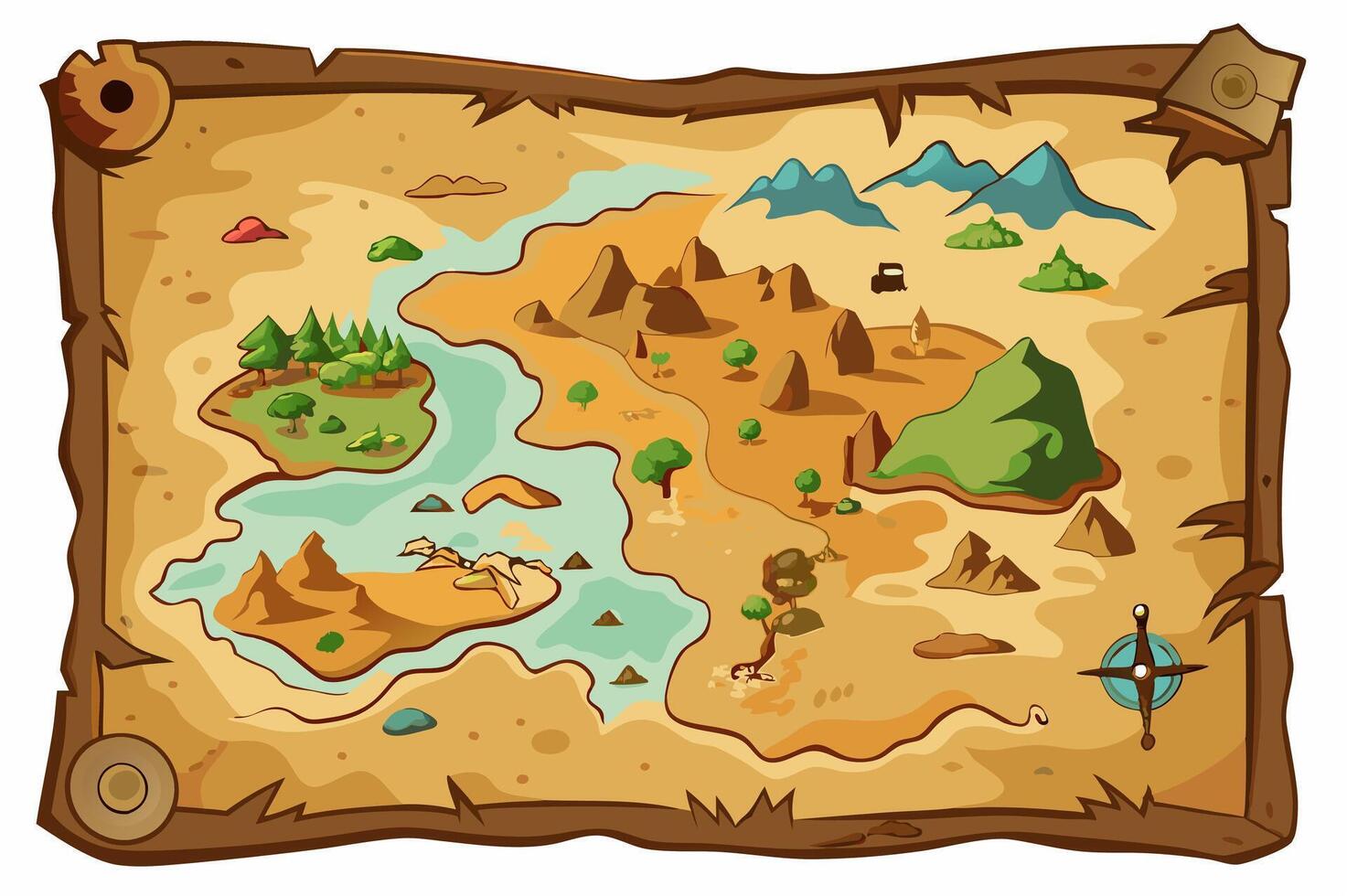 Old treasure paper map. Pirate map for children. Cartoon style. vector