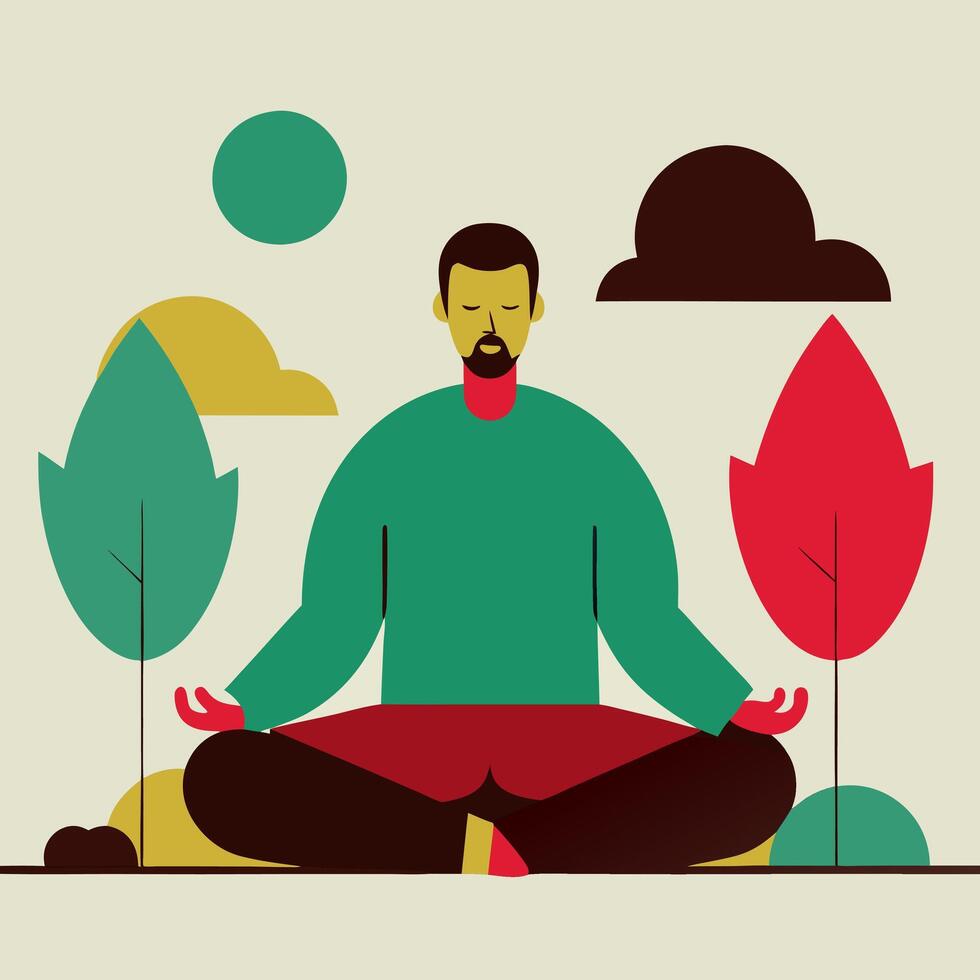 A man meditating outdoor. Flat style. vector