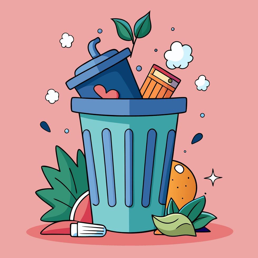 Colorful garbage can full of food waste concept image. Flat illustration vector