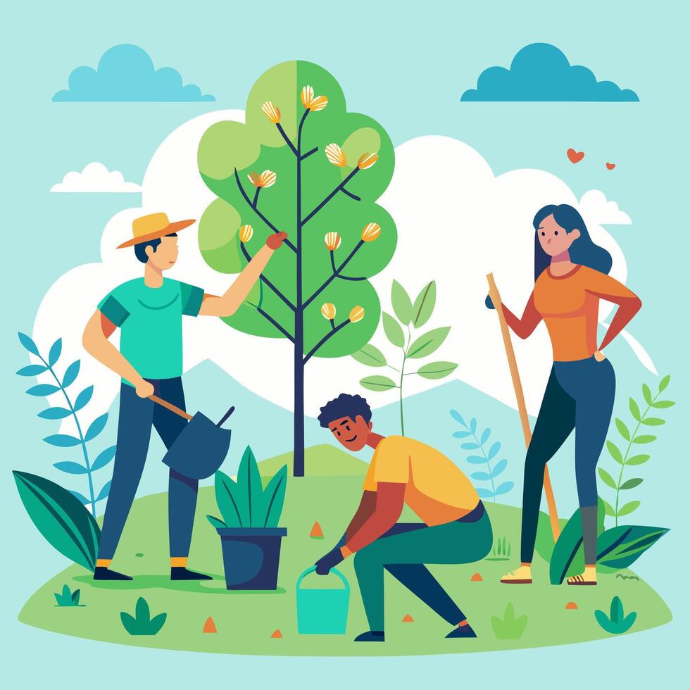 Volunteers plant trees in the park image. Taking care of planet or World Environment Day concept picture. Cartoon style. vector