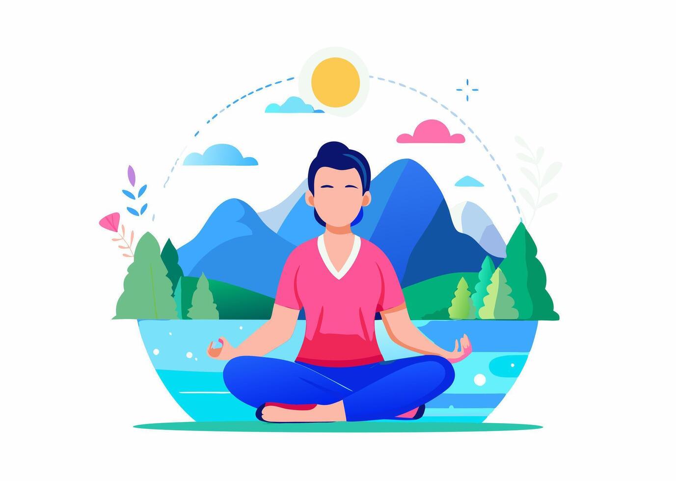 A person meditating outdoor. Cartoon style. vector