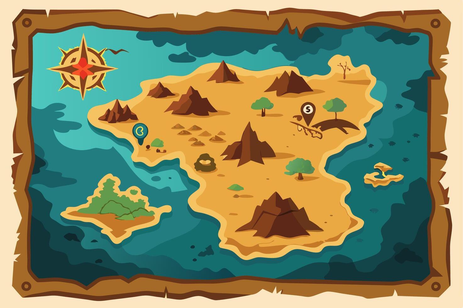 Old treasure paper map. Pirate map for children. Cartoon style illustration vector