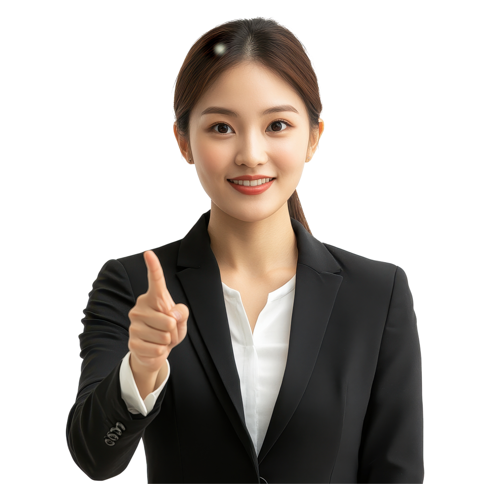 Confident Asian businesswoman pointing at important information during a meeting in a modern office setting, Confident Asian Businesswoman Pointing Something on Transparent background png