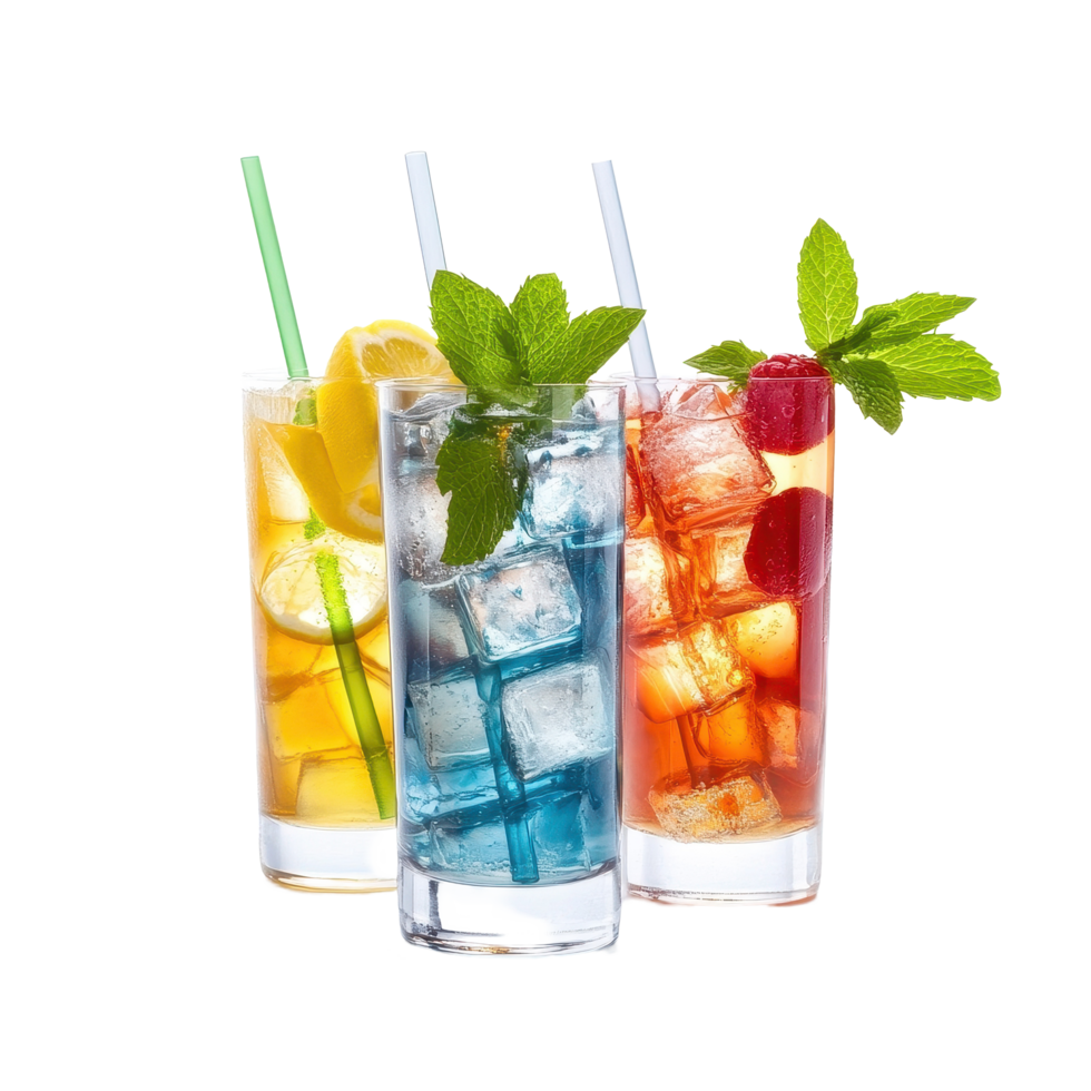 Refreshing summer drinks with ice and garnishes on a bright Transparent background, Summer drinks with ice isolated on background png
