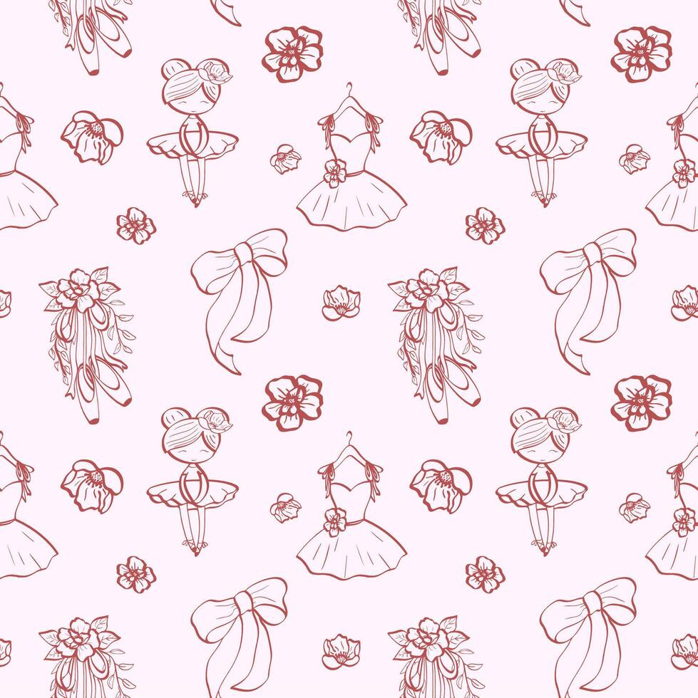 Elegant ballet pattern with roses dresses bows and ballerinas in pink vector