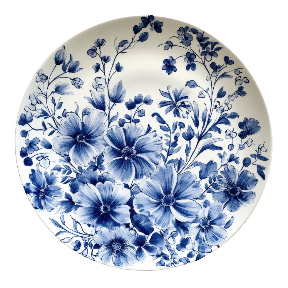 Stunning blue and white floral ceramic plate decoration showcasing intricate designs, Blue and White Floral Ceramic Plate Decoration png