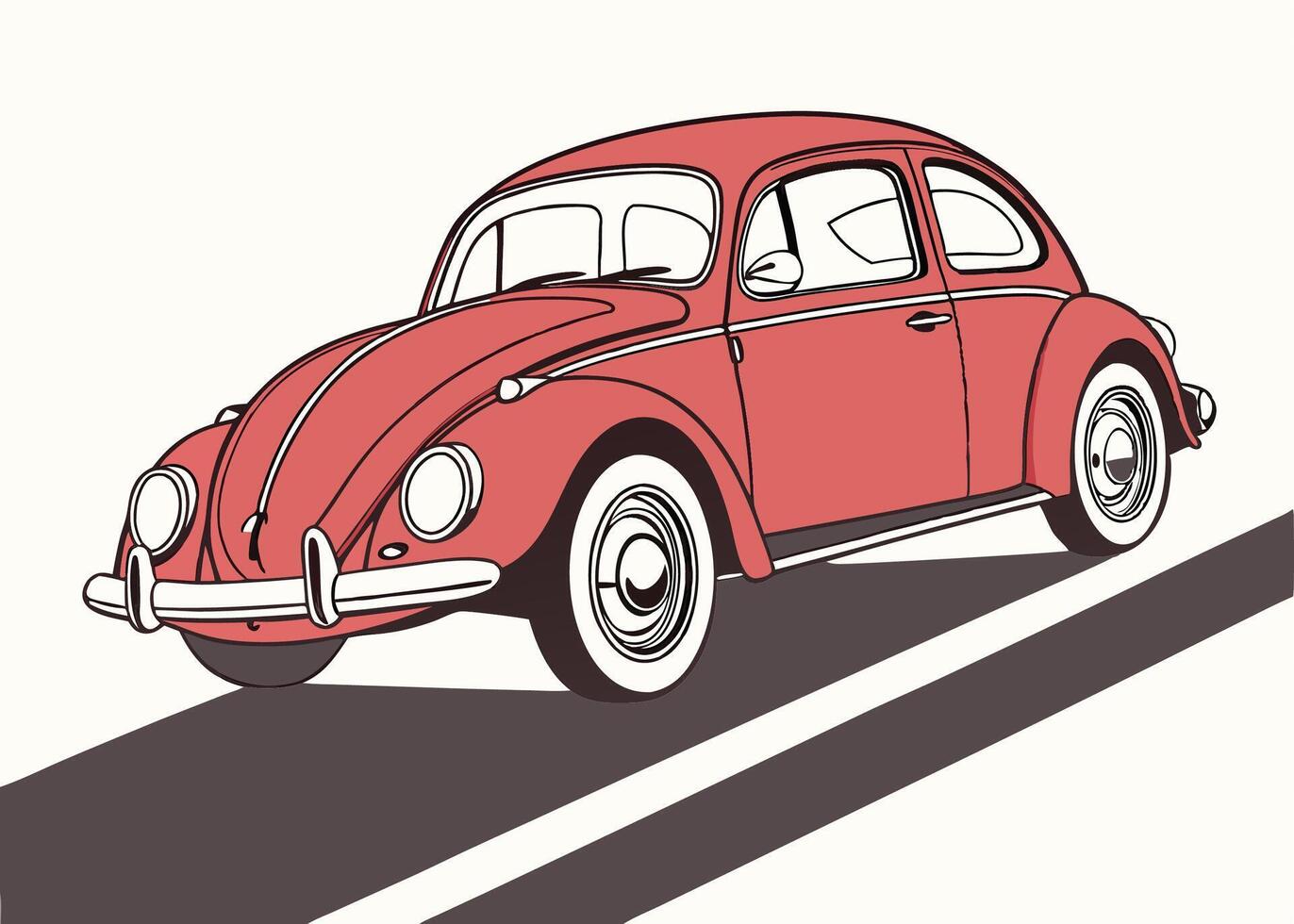 Red Volkswagen Beetle Car on a Road - Cartoon Illustration vector