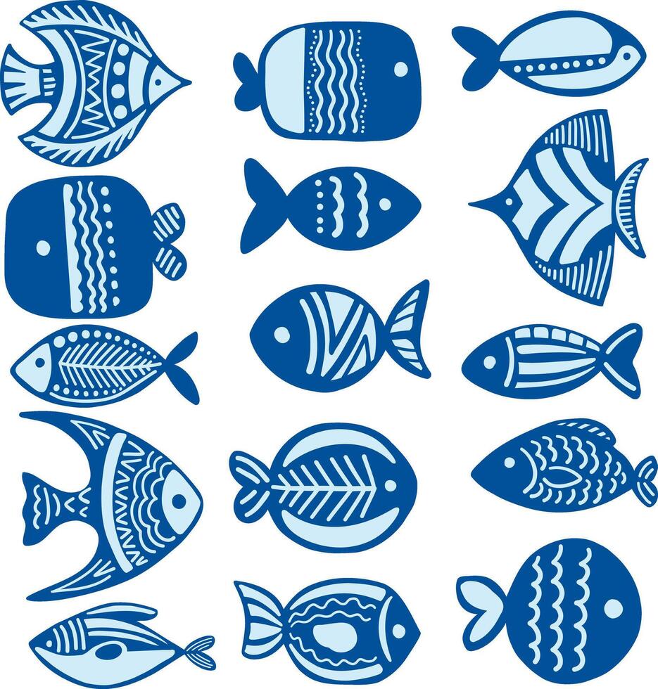Boho linocut fish collection monochrome vector