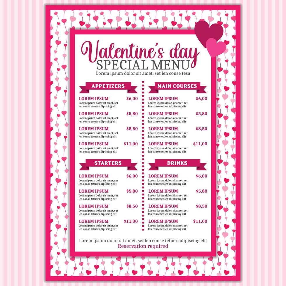 valentine menu template vector