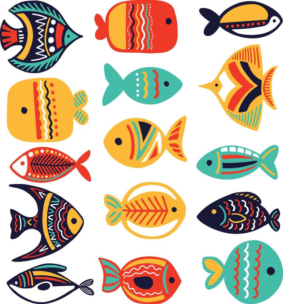Boho linocut fish collection colorful vector