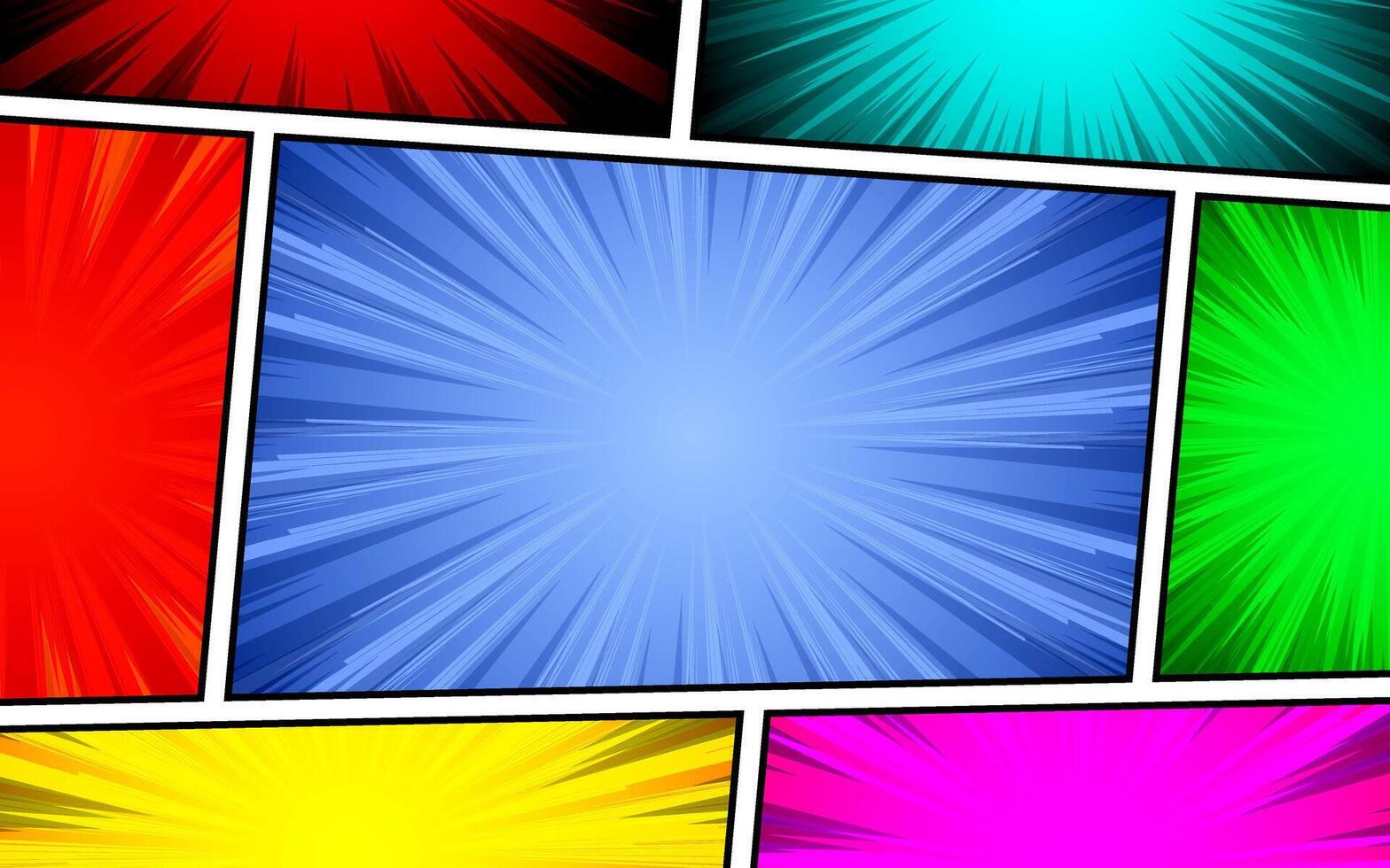 Comic book page template with colorful frames divided by lines with halftone radial effect in pop art style. vector