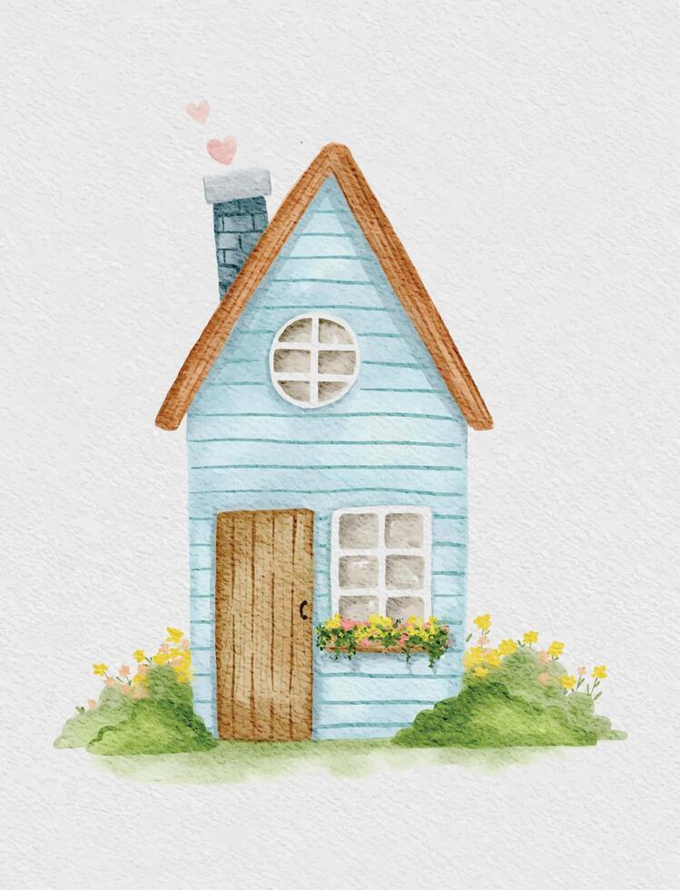 blue tiny house with foliage and flowers in watercolor style vector