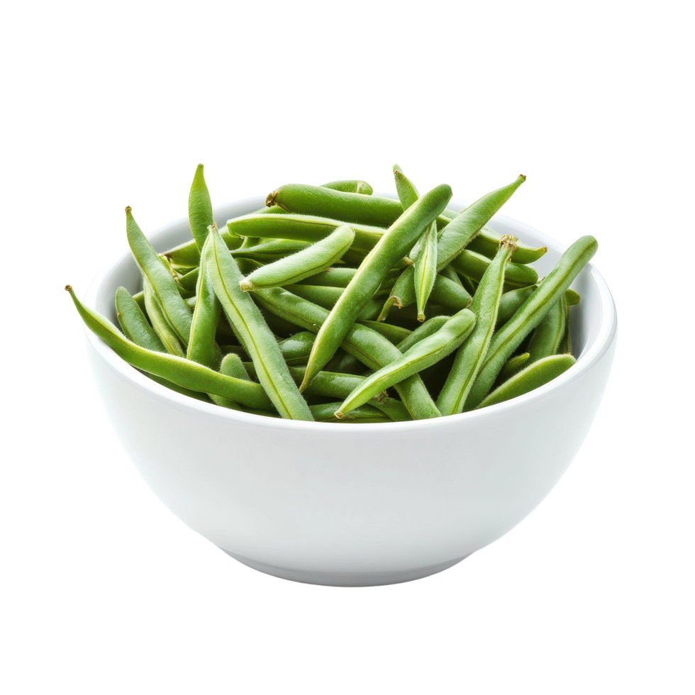 Fresh long beans displayed in a white bowl on a clean, isolated background for culinary presentation, Long bean or cowpea in white bowl isolated on Transparent background png