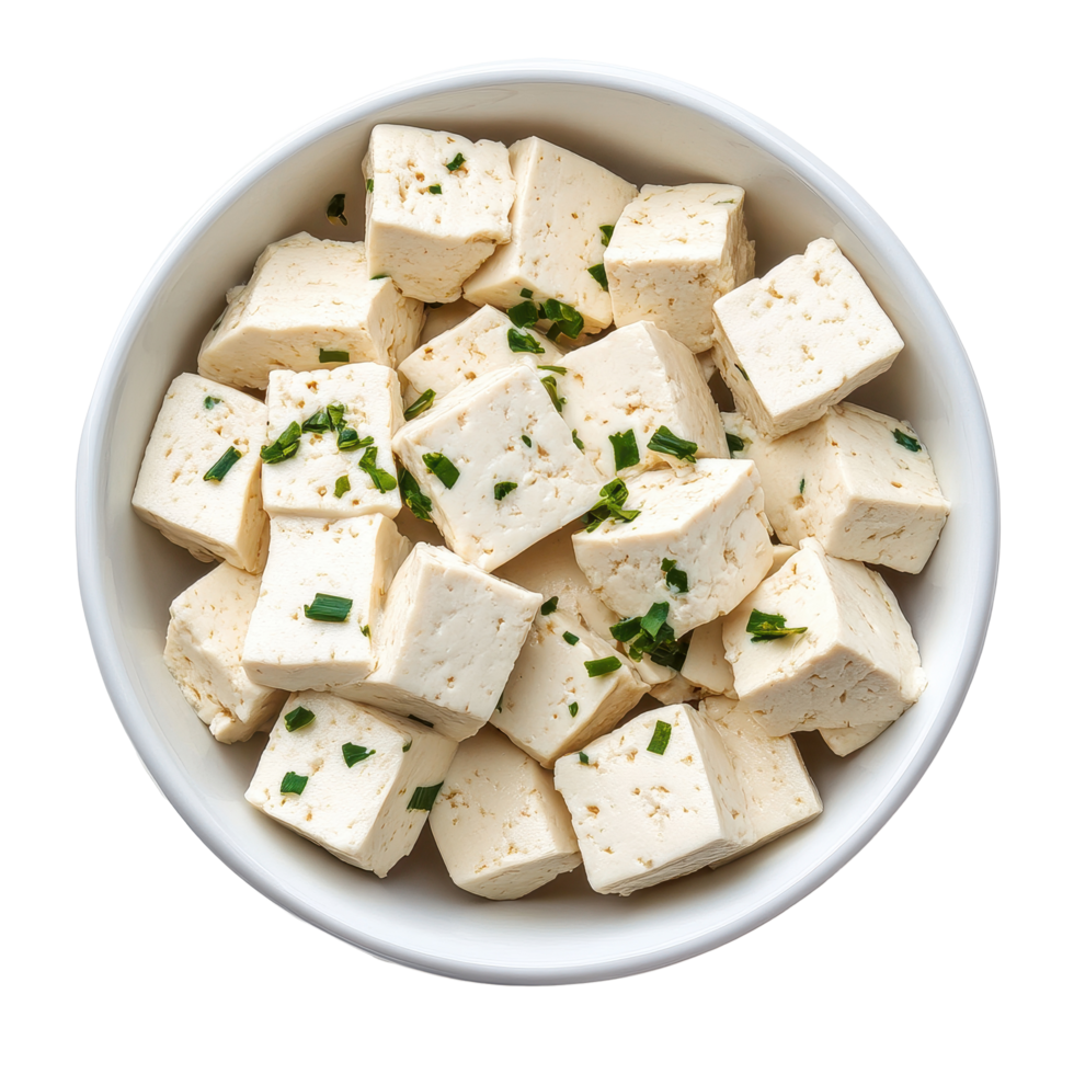 Tofu cubes garnished with green herbs in a bowl on a plain Transparent background, Tofu in bowl isolated on background png
