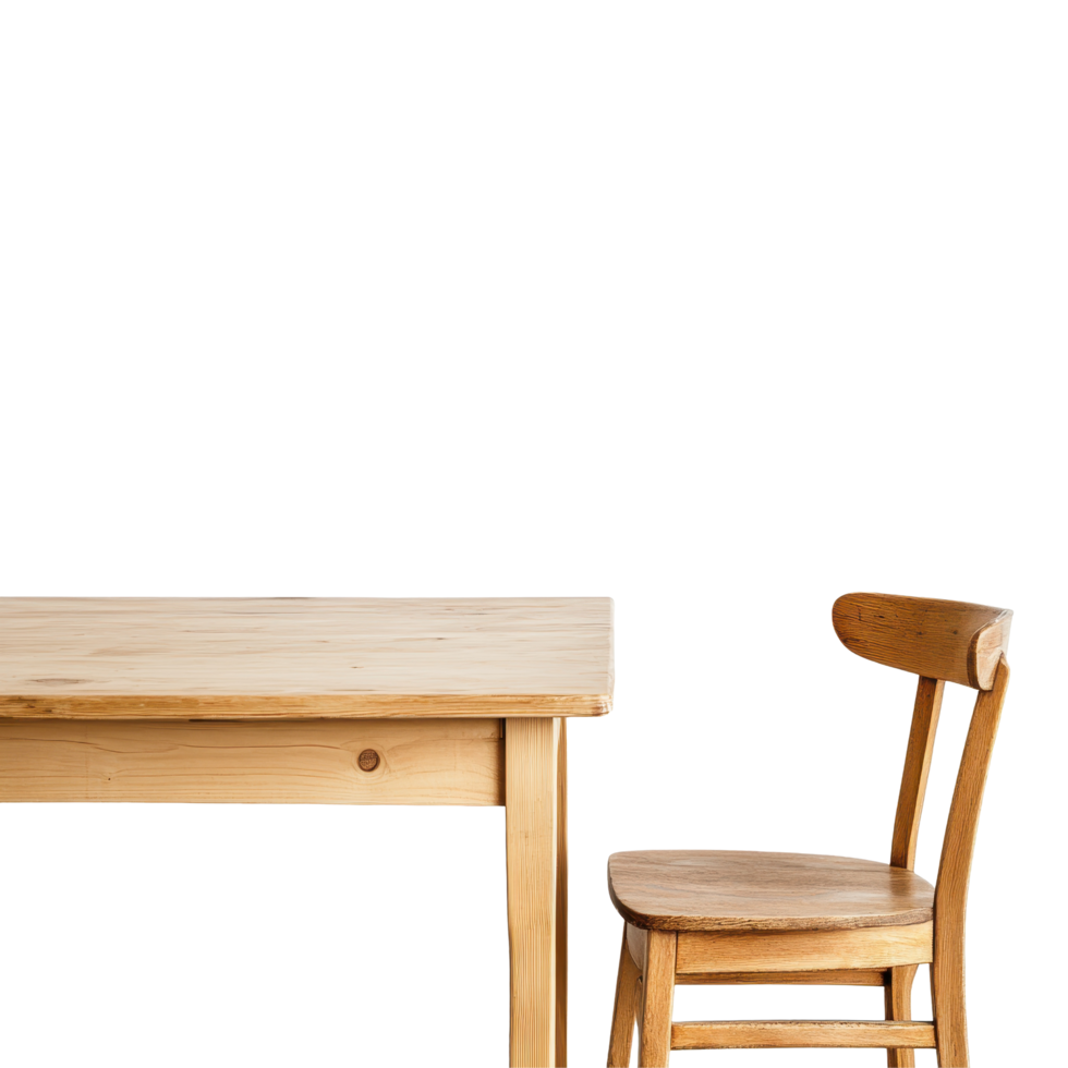 Simple wooden table and chair set against a Transparent background for a minimalist interior design aesthetic, Wood table and chair background background wooden table with chair png