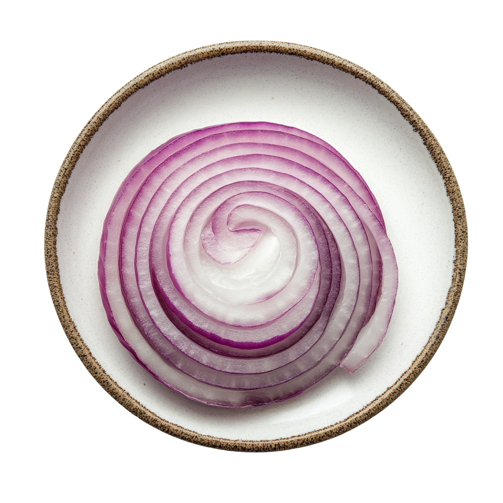 Sliced onion arranged in a circular pattern on a ceramic plate isolated on a Transparent background, slice onion in a plate isolated on background png