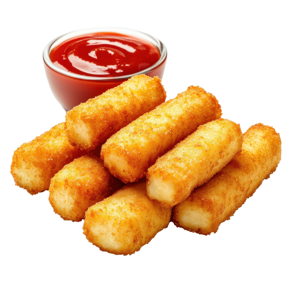 Enjoying crispy mozzarella cheese sticks with tangy ketchup for dipping at a casual snack time, Mozzarella cheese sticks with ketchup isolated on Transparent background png