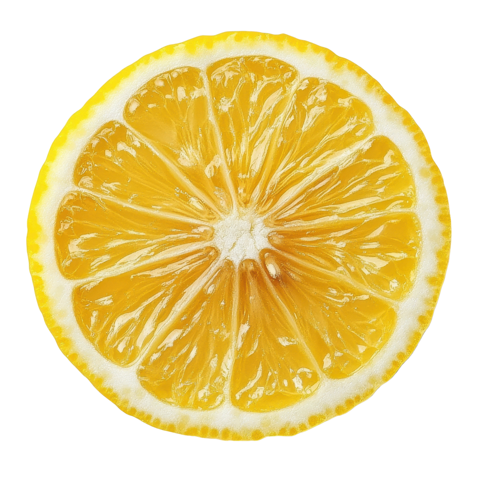 Bright lemon slice isolated on Transparent background showcasing vibrant color and texture details, lemon sliceisolated on background png