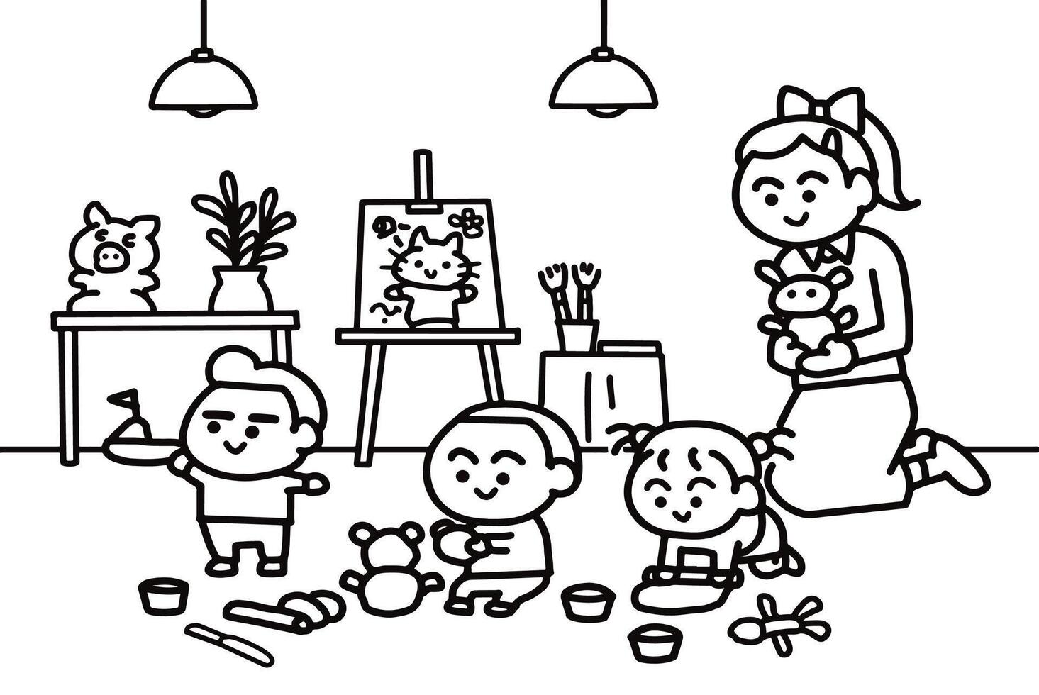 Children are modeling with clay. vector