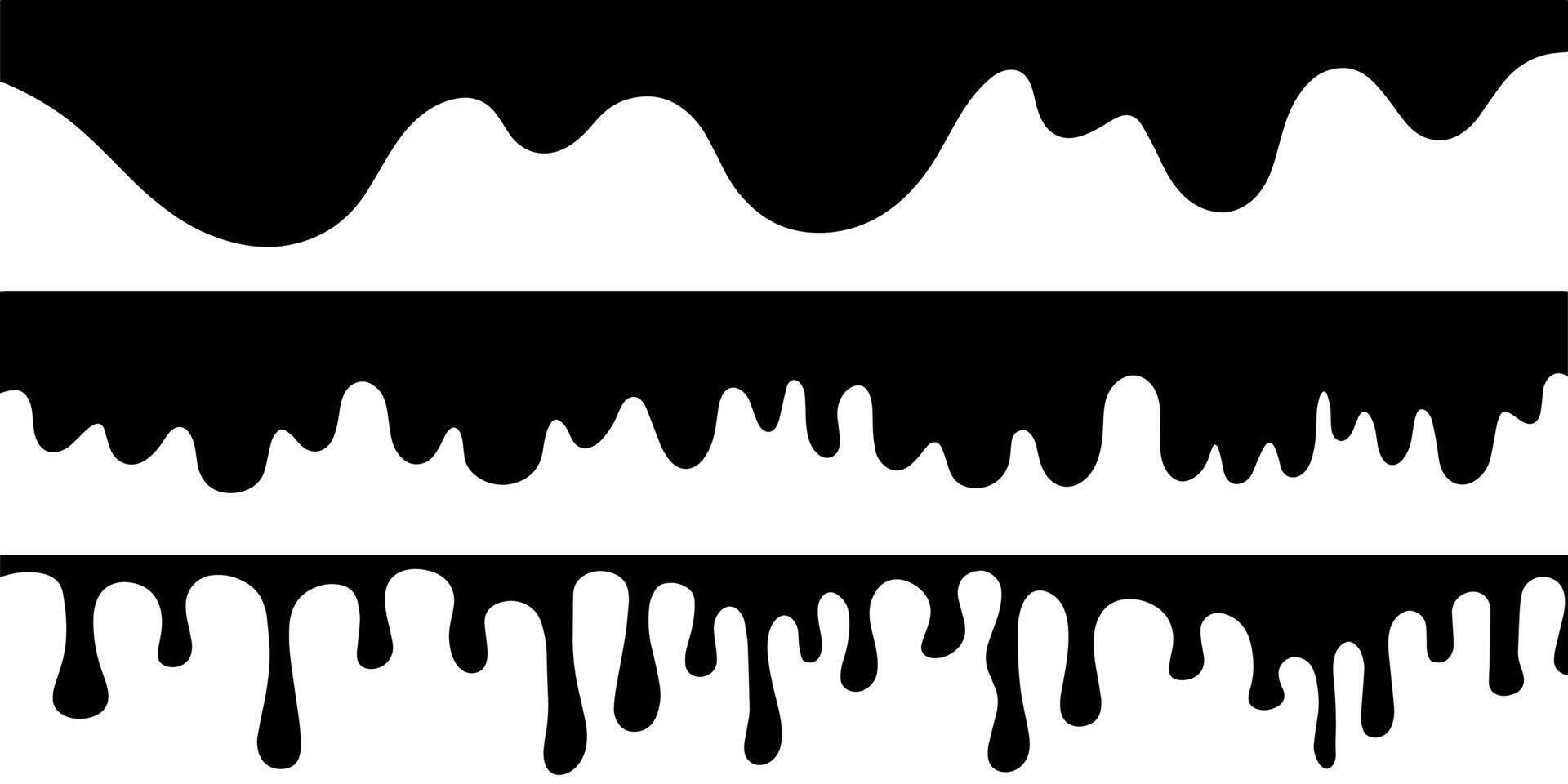 Black melting paint. Dripping splatter and dribble brush strokes with stain and leak, dirty fluid brush icons. vector
