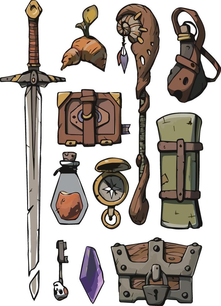 a set of items for a fantasy game vector