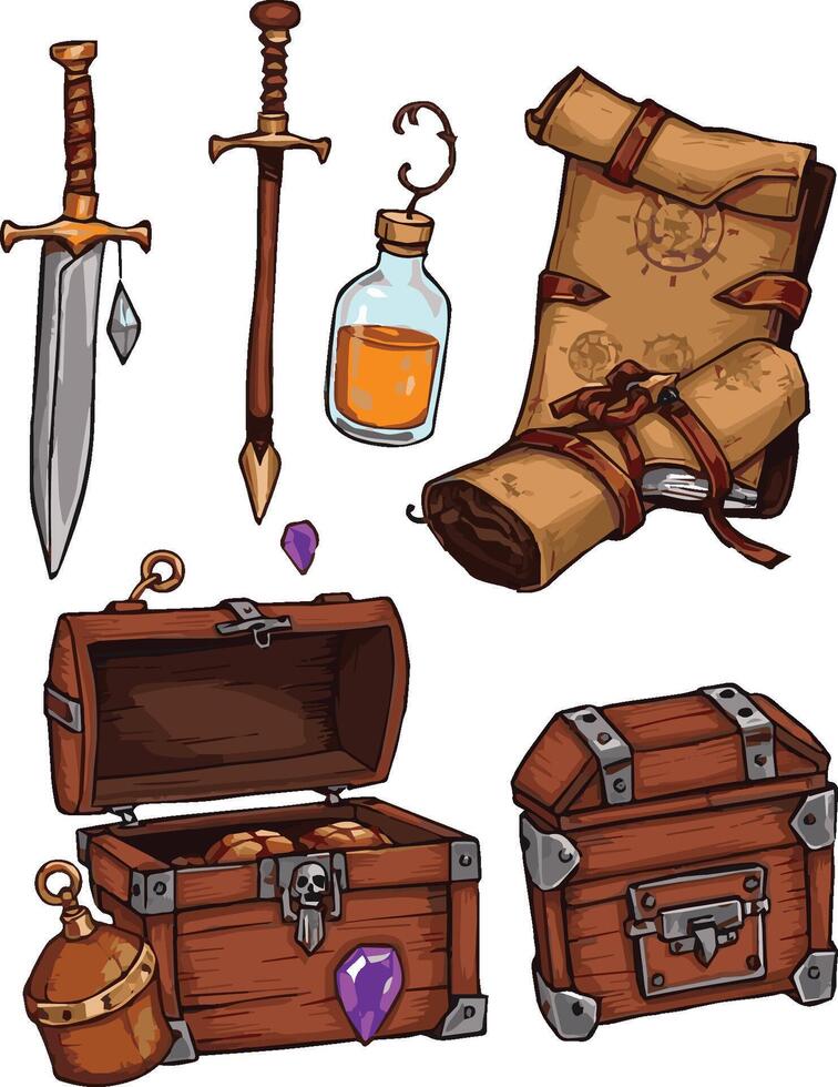 set of pirate treasure items illustration vector