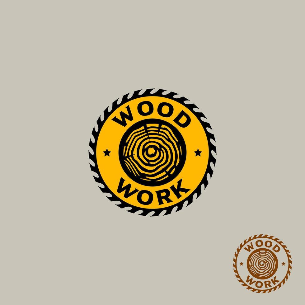 Wood Work emblem logo. Featuring wood grain texture, saw with yellow and black color. vector