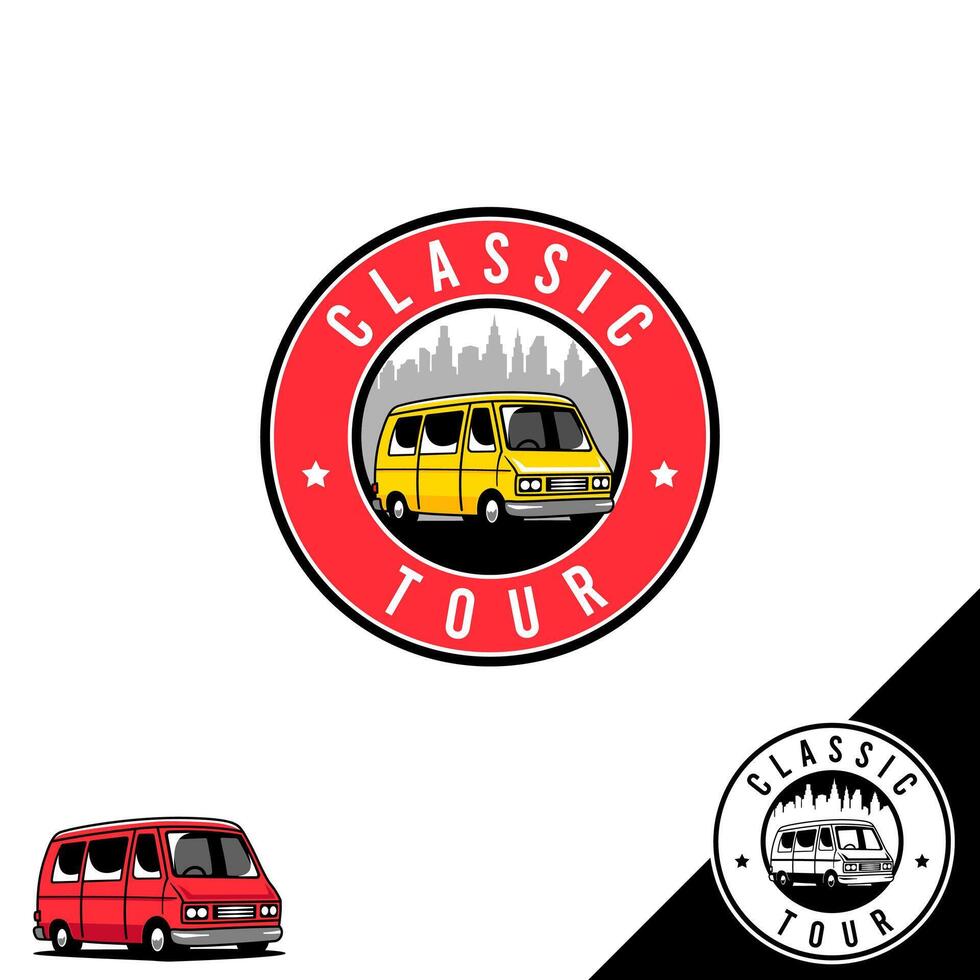 Playful emblem logo for a city tour, featuring a yellow van and a skyline vector