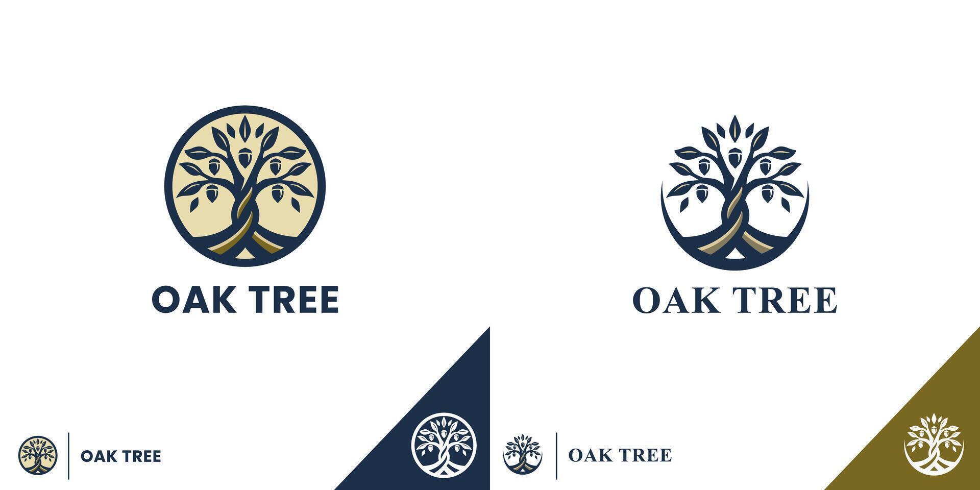 The luxury logo features a simple and modern oak tree design in navy blue and gold tones vector