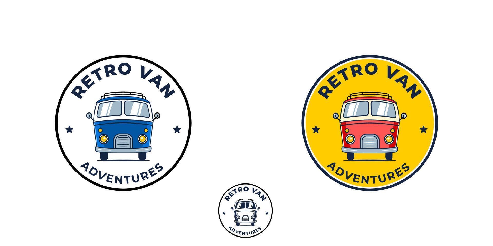 A retro van adventure emblem logo with a fun and playful style. vector