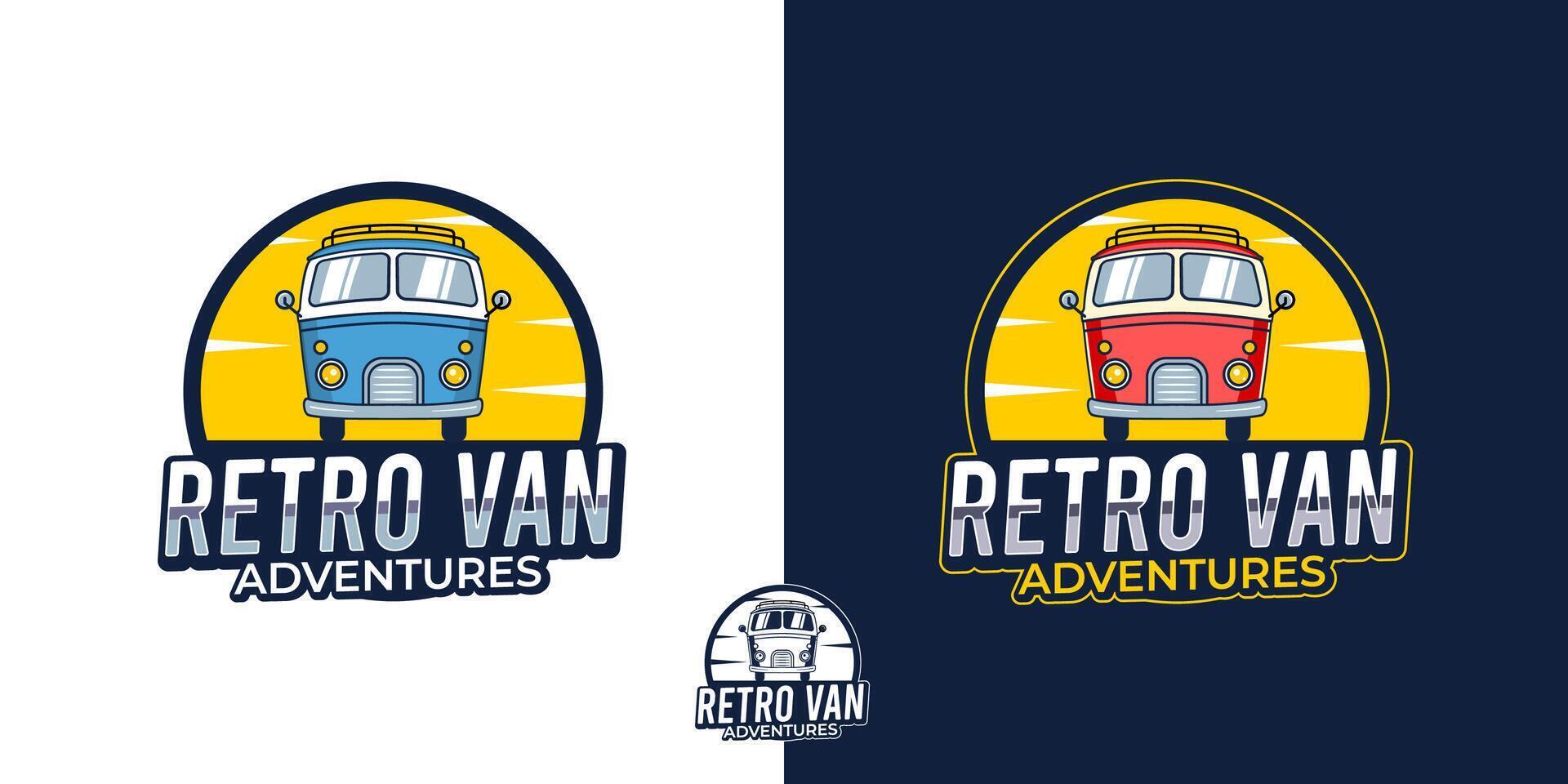 A retro van adventure emblem logo with a sunset, fun and playful style. vector