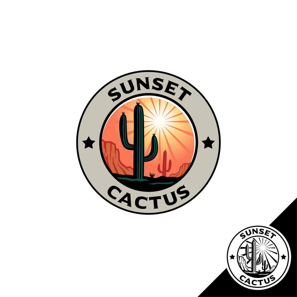 A circular emblem logo featuring a cactus in the foreground, a vibrant sunset, and a mountain range as the background vector