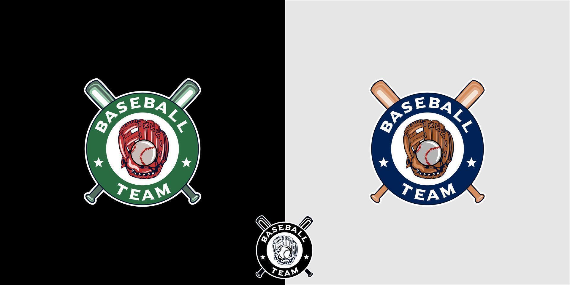Baseball badge emblem logo featuring a baseball glove and crossed bats vector