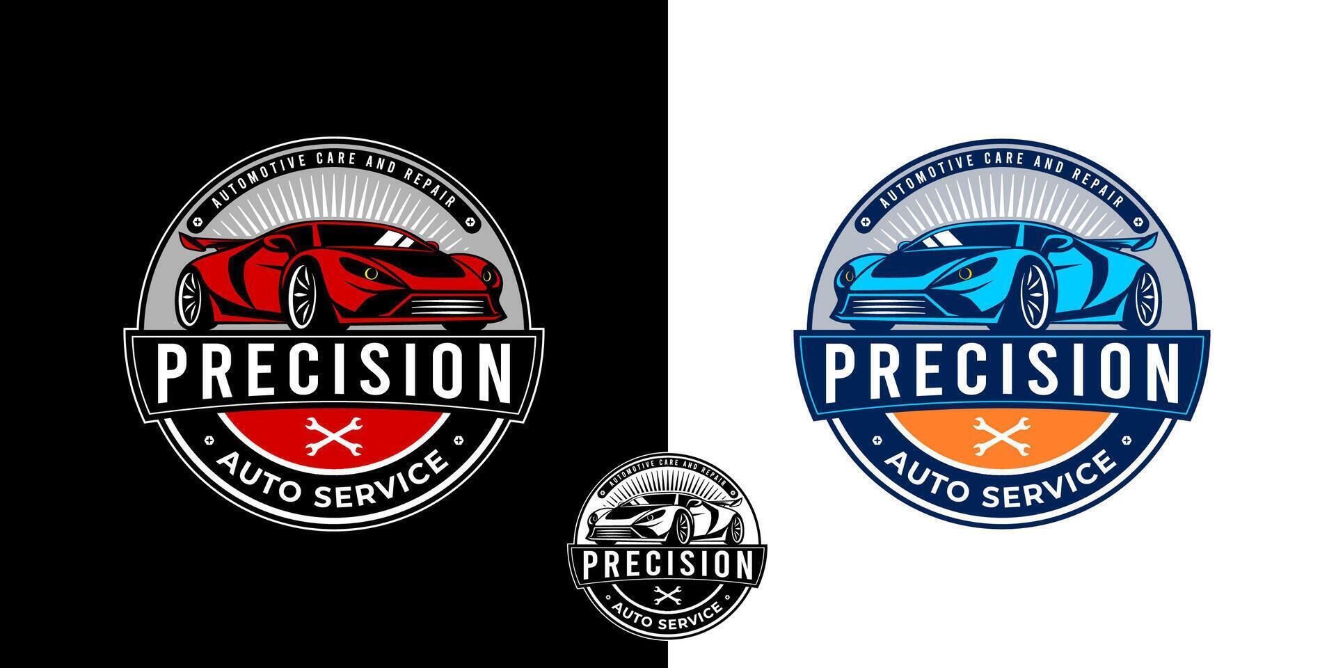 Precision auto repair emblem logo. Featuring sport car shape with classic style. vector