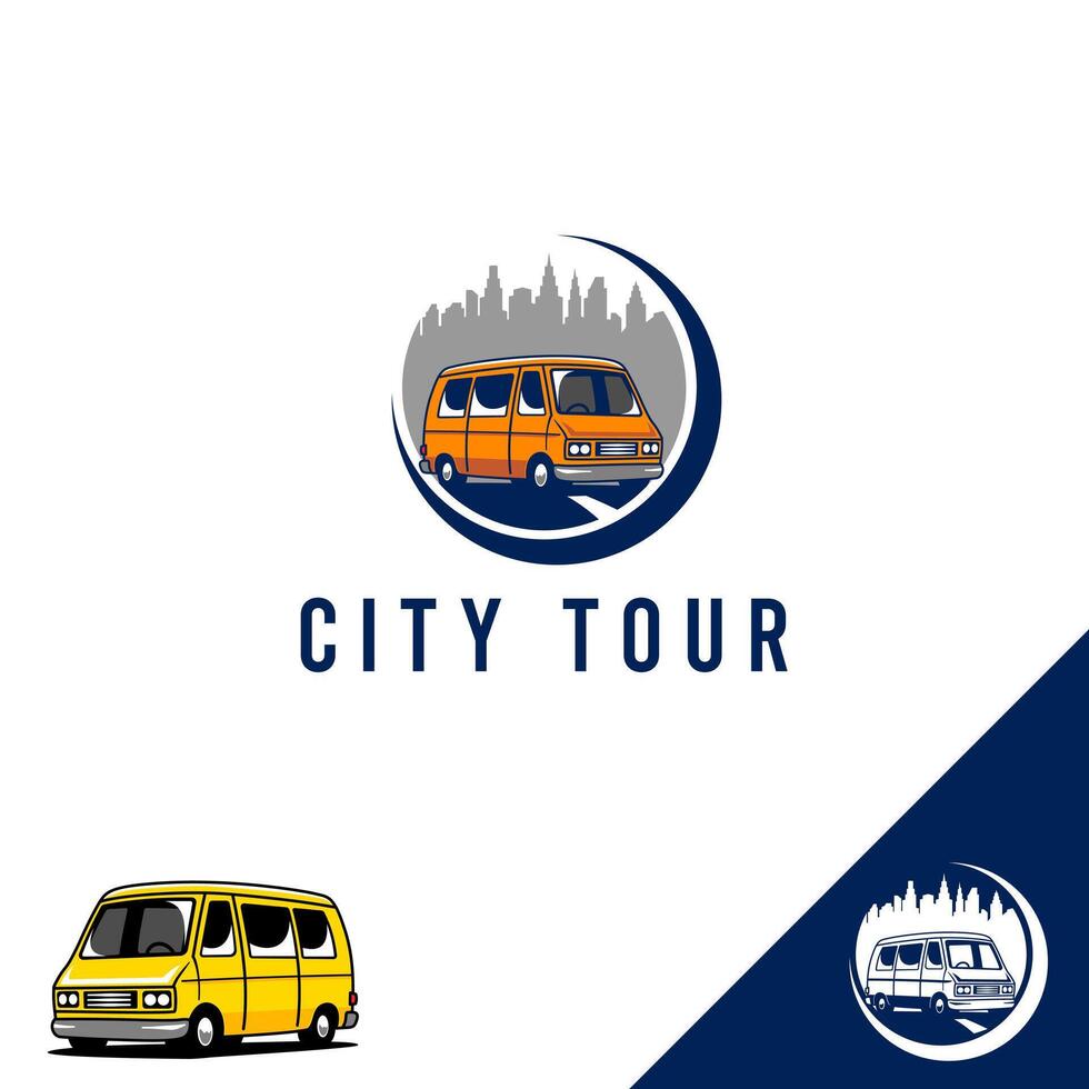 Playful logo for a city tour, featuring a van and a skyline vector