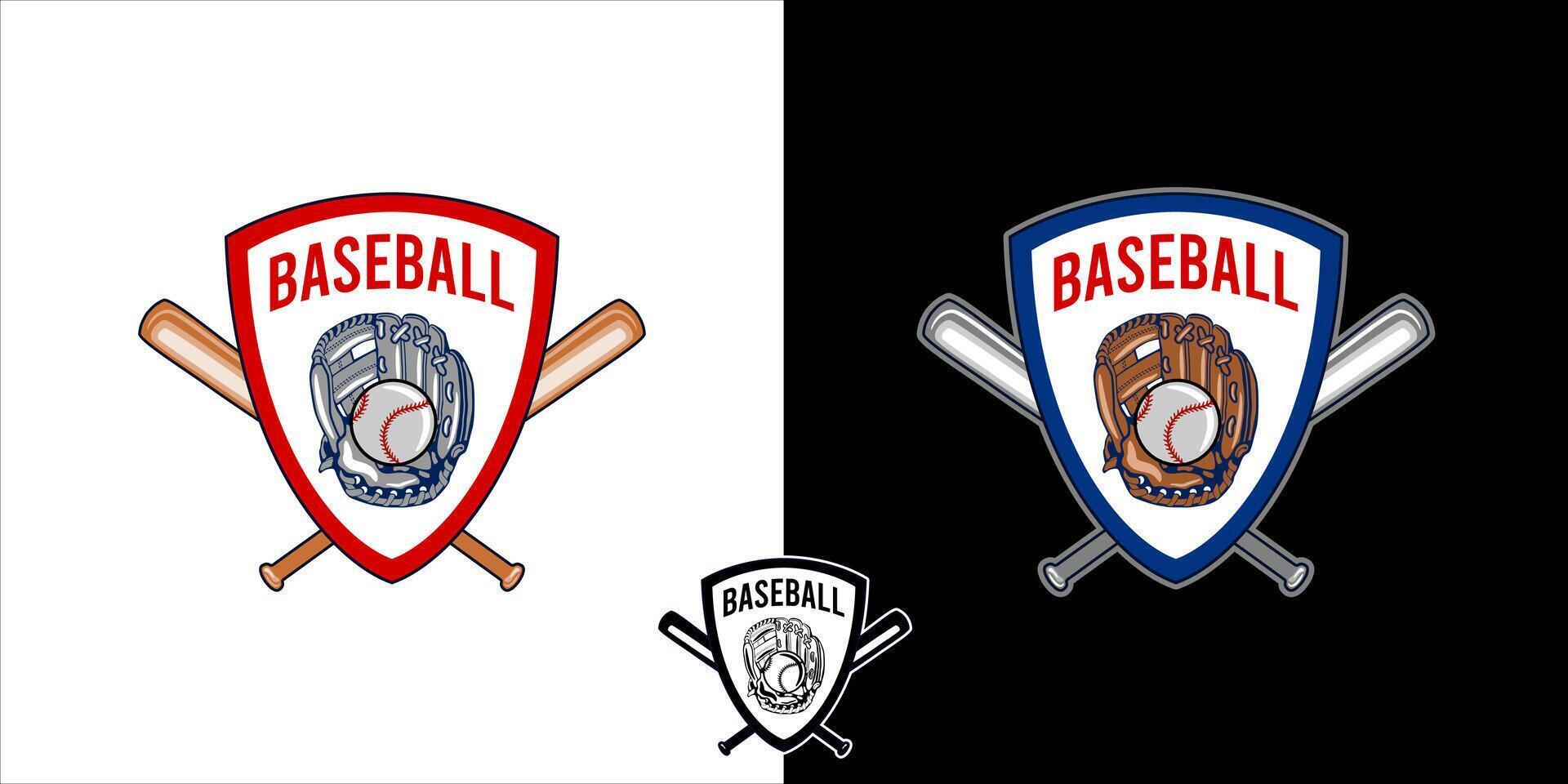 Baseball shield badge emblem logo featuring a baseball glove and crossed bats. vector