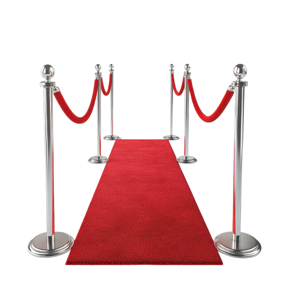 Elegant red carpet stanchions with velvet ropes create an exclusive atmosphere for special events and gatherings, Red carpet stanchions with velvet ropes isolated on Transparent background png