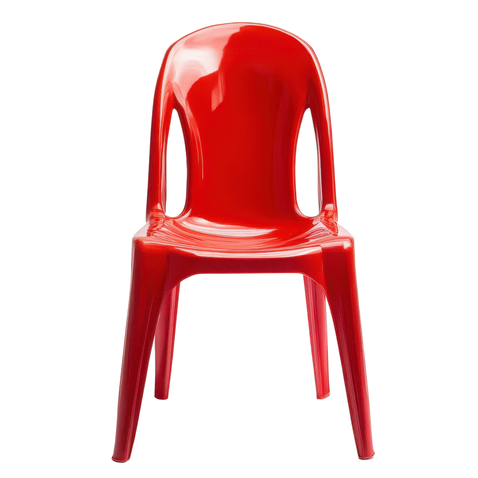 Bright red plastic chair standing alone against a clean Transparent background highlighting its vibrant color and design, Red plastic chair isolated on background png