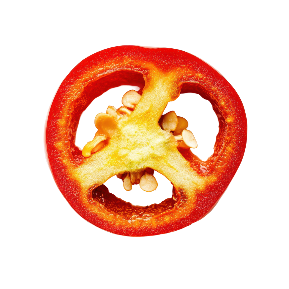 Bright red pepper slice isolated on Transparent background showcasing interior details and seeds, Red pepper slice isolated on background png