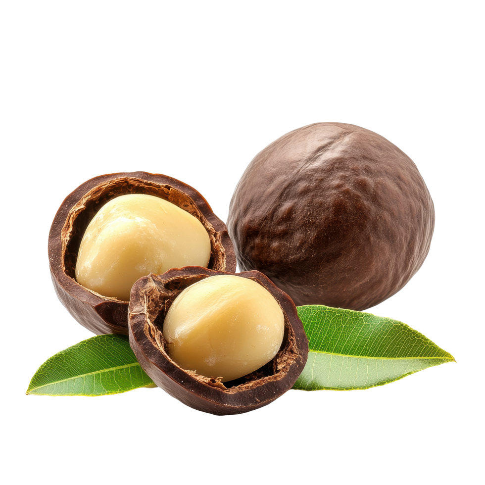 Macadamia nuts and their green leaves isolated on a Transparent background, macadamia nuts with leafisolated on background png