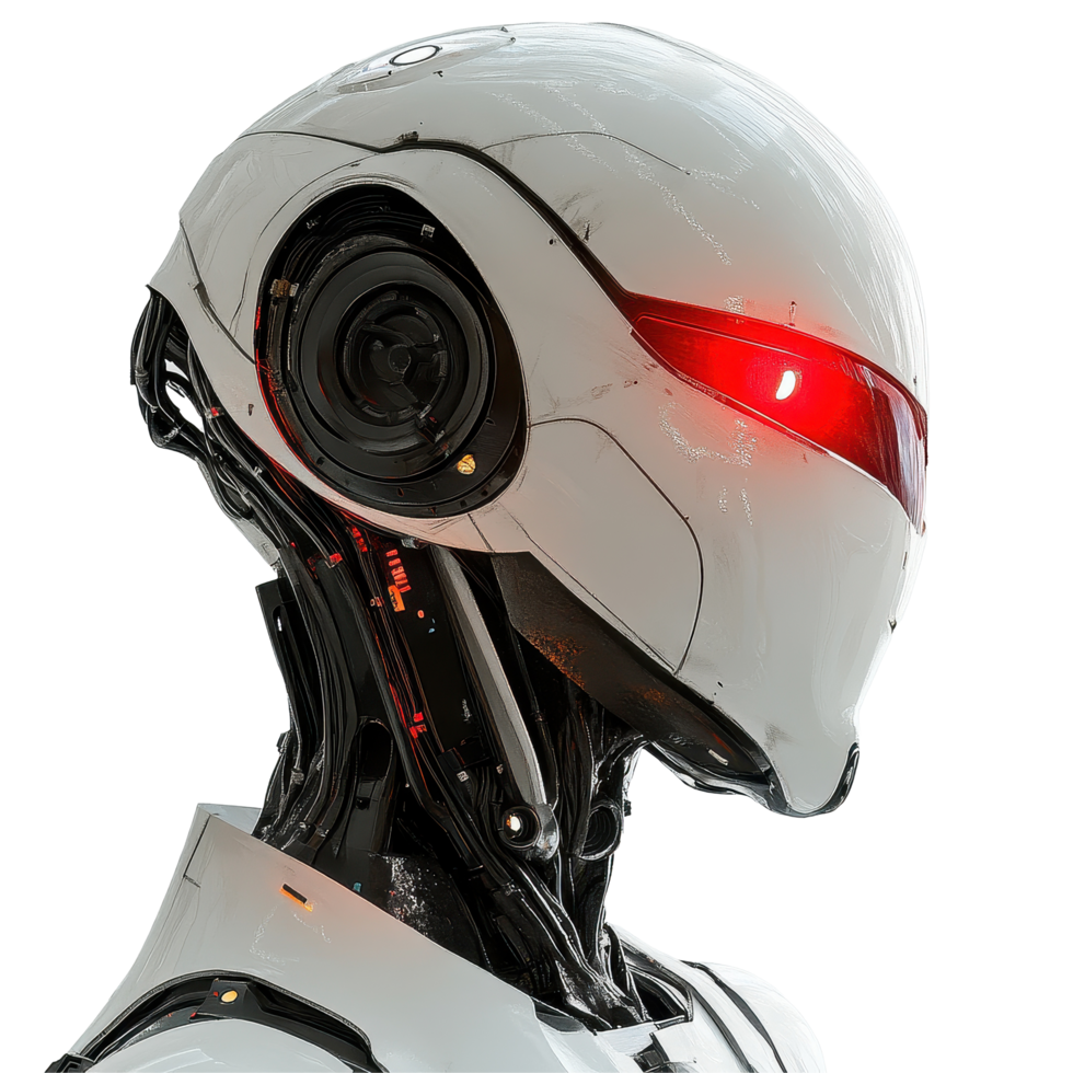 Close up of a futuristic robot head with a glowing red light against a Transparent background, close up a robot s head with a red light, background png