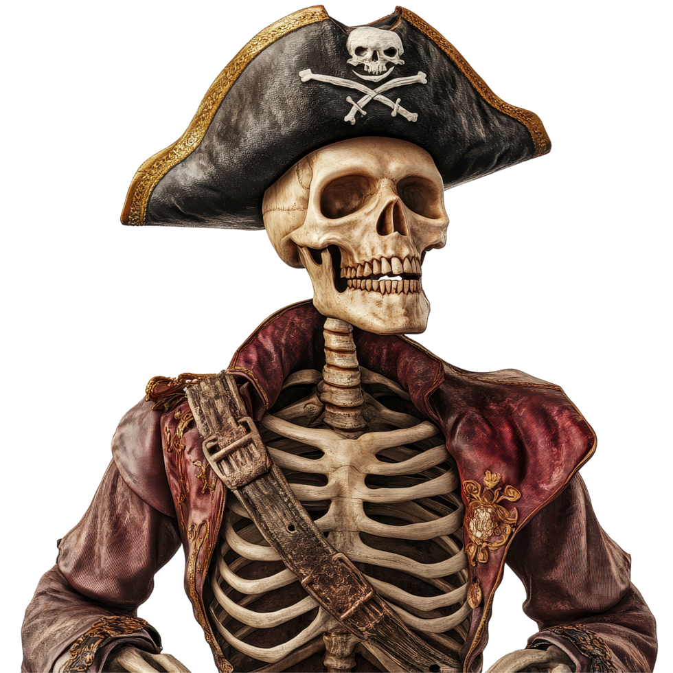 Skeleton dressed as a pirate wearing a black hat with a skull and crossbones, skeleton with a pirate hat and a skull on it, Transparent background png