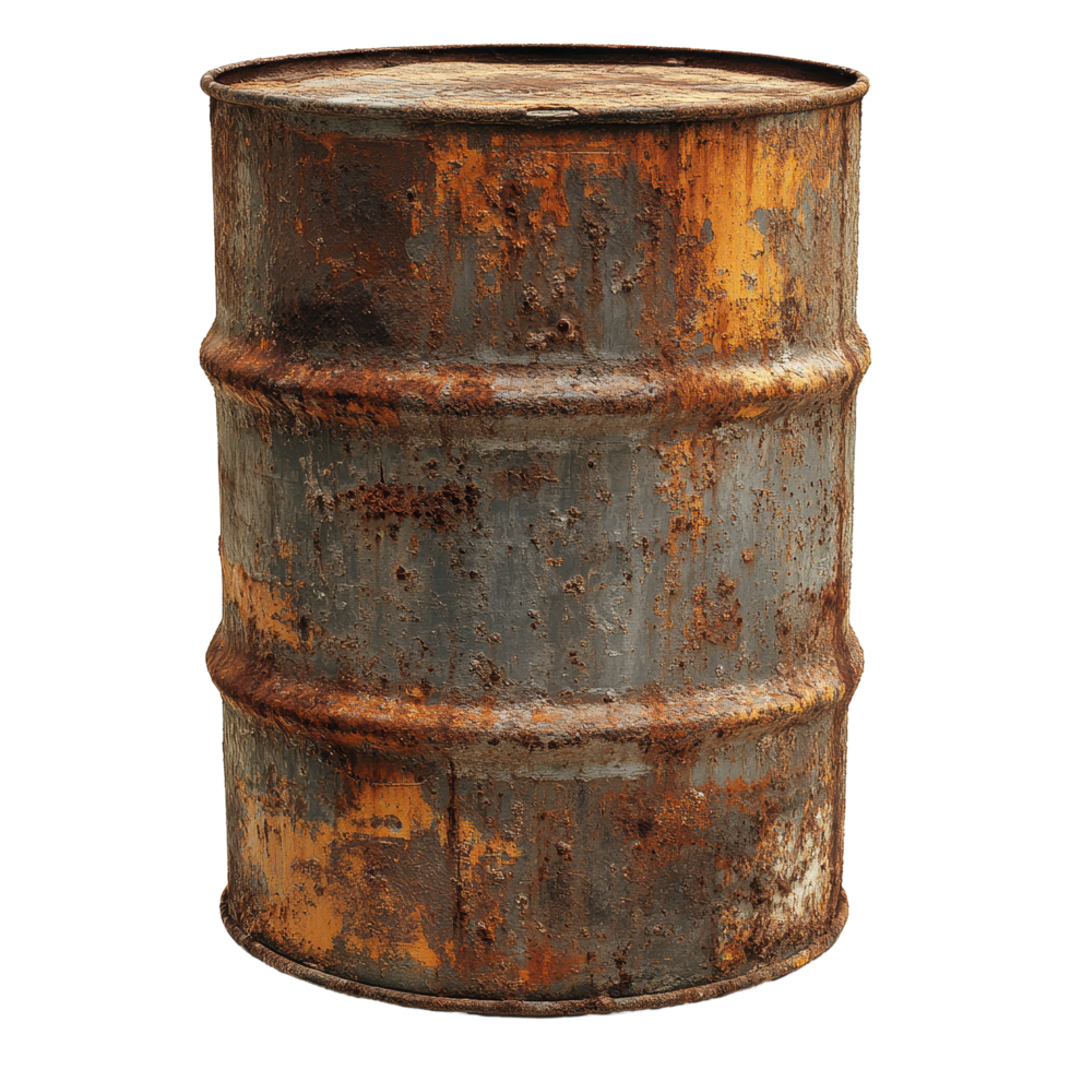 Old rusty steel oil barrel shows weathered surface against Transparent background, Old rusty steel oil barrel isolated on background png