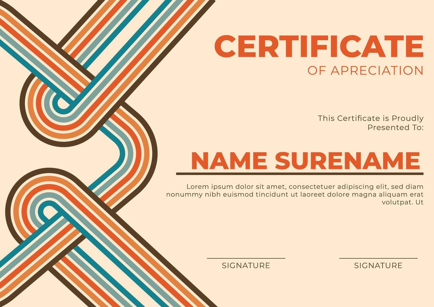 a4 certificate design template, 70s retro colored stripes theme. appreciation certificate template with 70s retro vintage style stripes shape graphic design vector