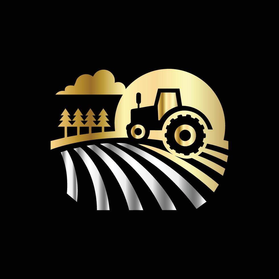Agriculture logo template. a tractor and field with trees and sun on a black background vector