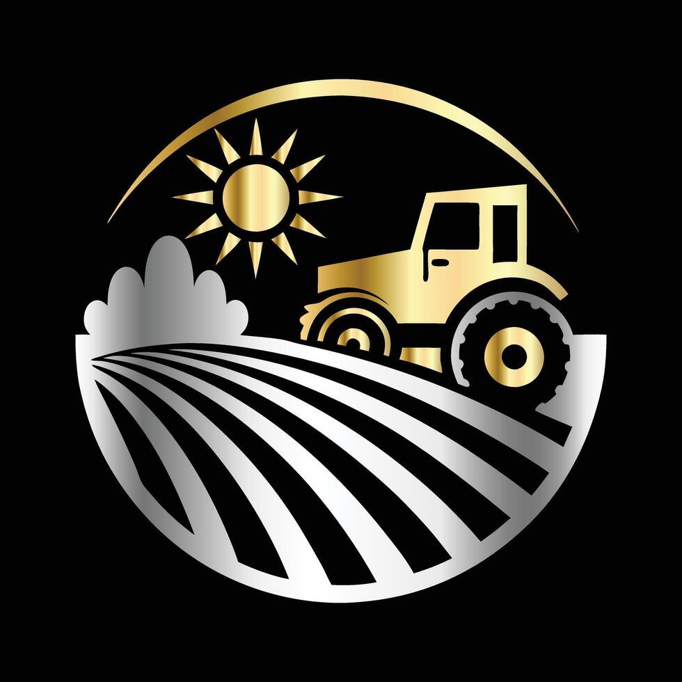 Agriculture logo design. Tractor and field illustration. tractor and sun on black background vector