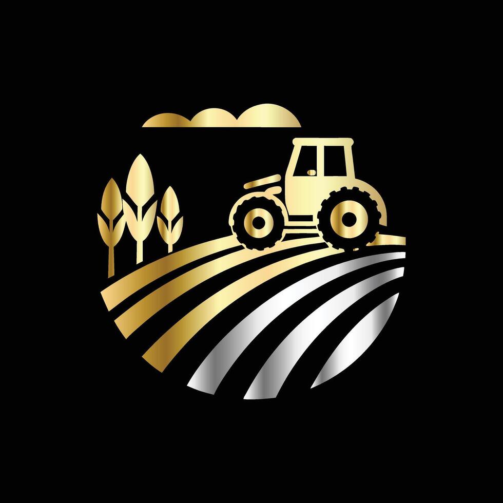 Agriculture logo template. tractor logo with gold and black background vector
