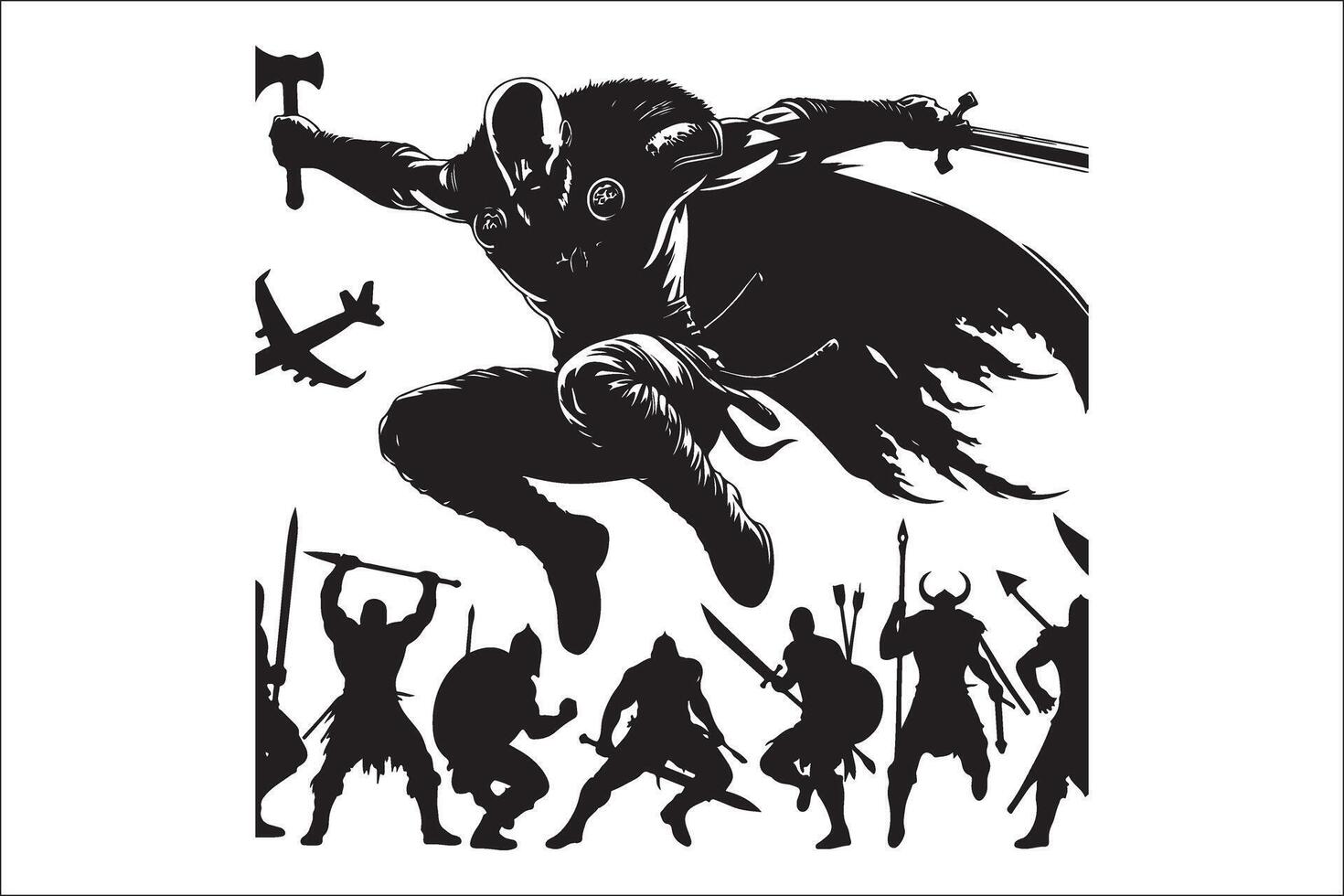 A black and white illustration of a man with a sword vector