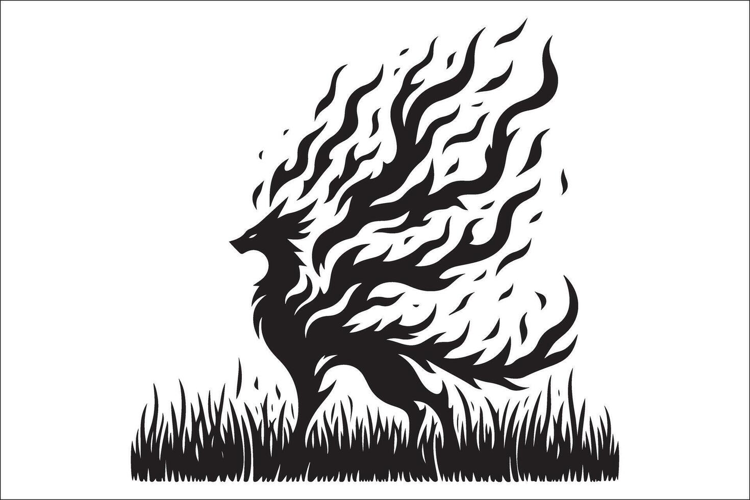 A black and white silhouette of a fire - breathing dragon vector